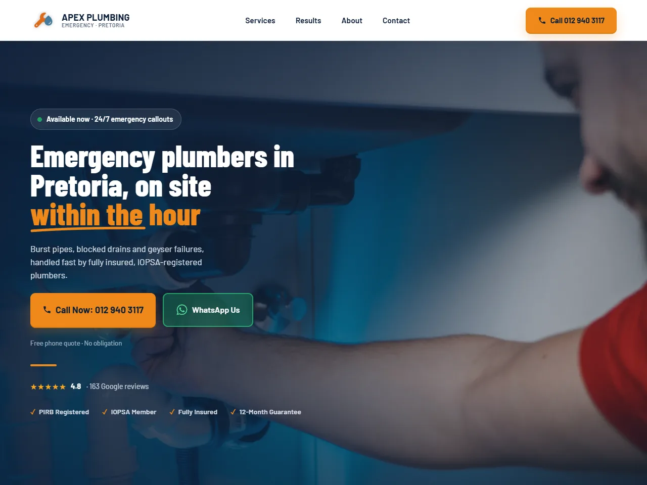Home page of the Apex Plumbing example site, with call and WhatsApp buttons over a photo of a plumber at work